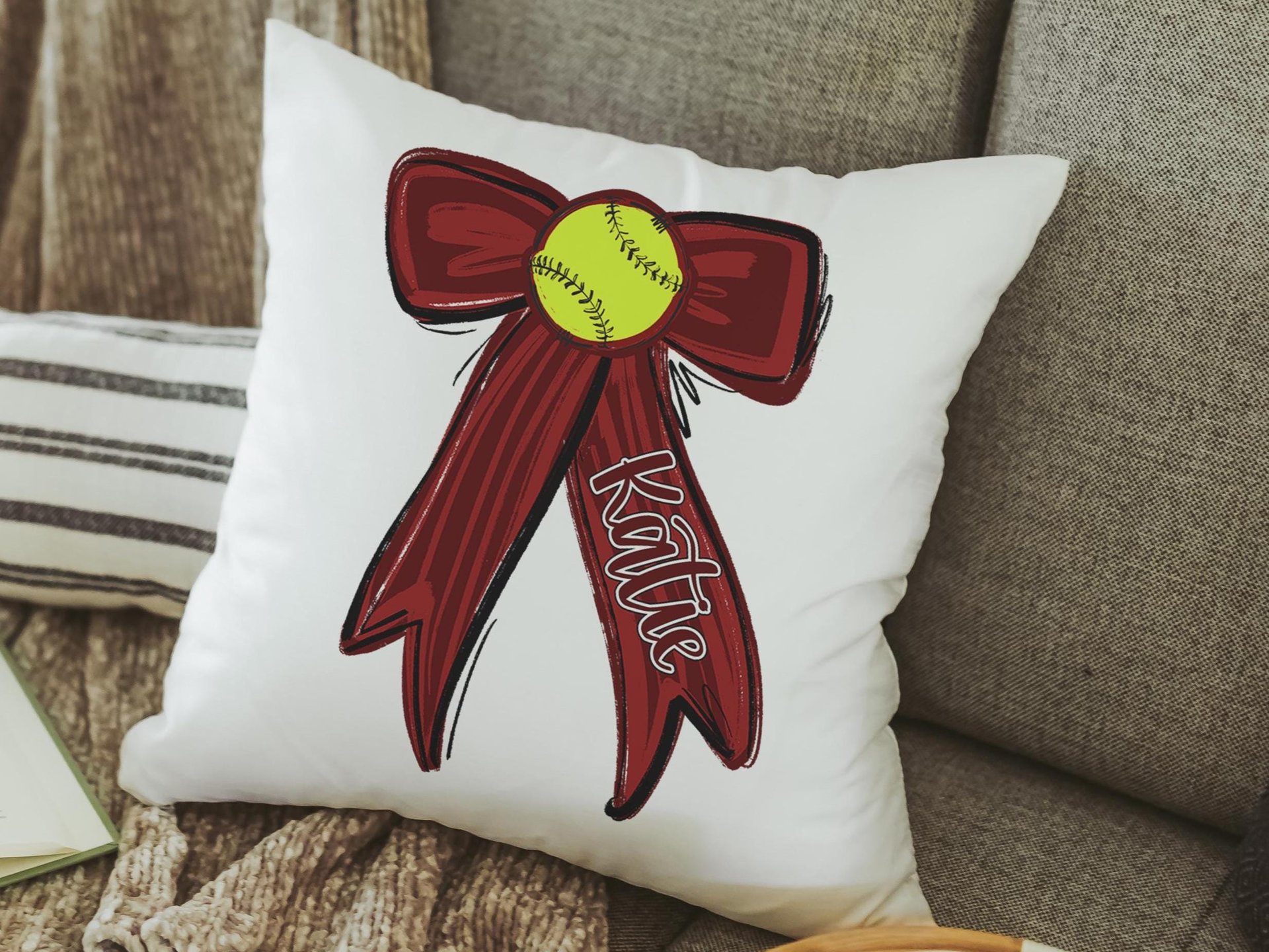 personalized school spirit softball throw pillows for couch maroon coquette decor for teenage girls, softball player gifts, softball gifts