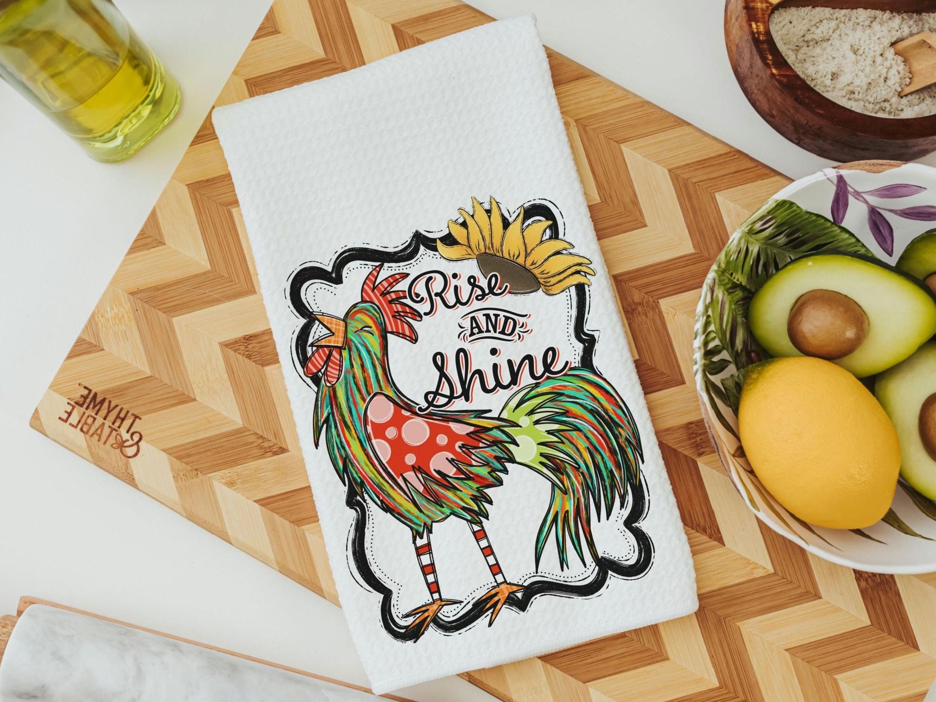 rise and shine rooster kitchen towels, eclectic home decor, sunflower kitchen hand towels, farm kitchen decor, farmhouse dish towels for