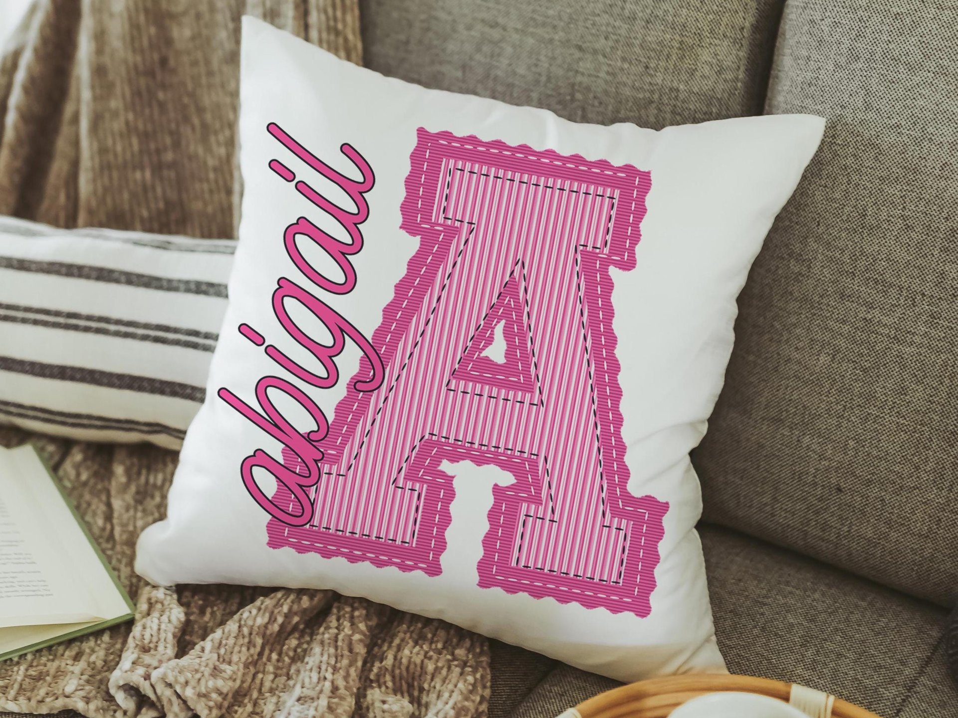 personalized initial seersucker pillow with name, tween girl gifts, pink preppy throw pillow 18x18, teen girl birthday gift for her, cute
