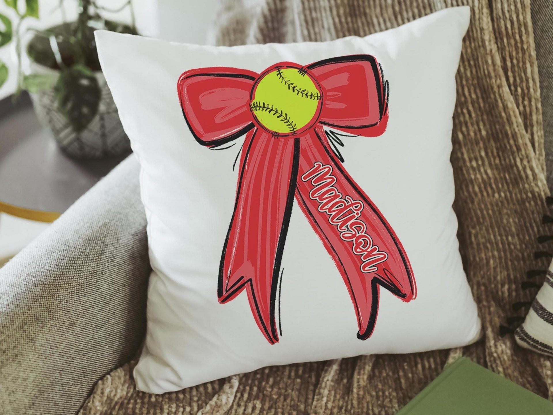 personalized school spirit softball throw pillows for couch red coquette decor for teenage girls, softball player gifts, softball gifts for