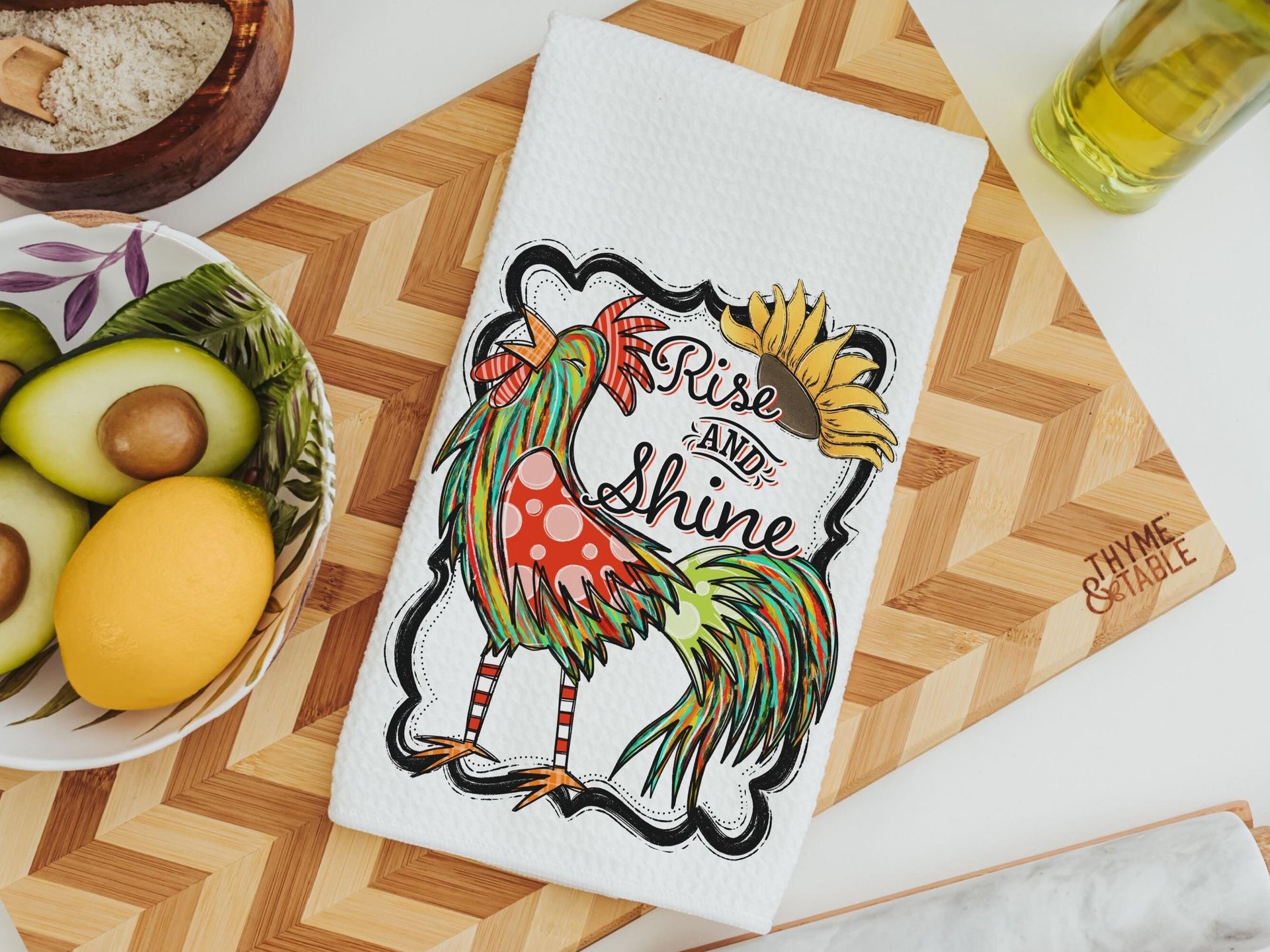 rise and shine rooster kitchen towels, eclectic home decor, sunflower kitchen hand towels, farm kitchen decor, farmhouse dish towels for