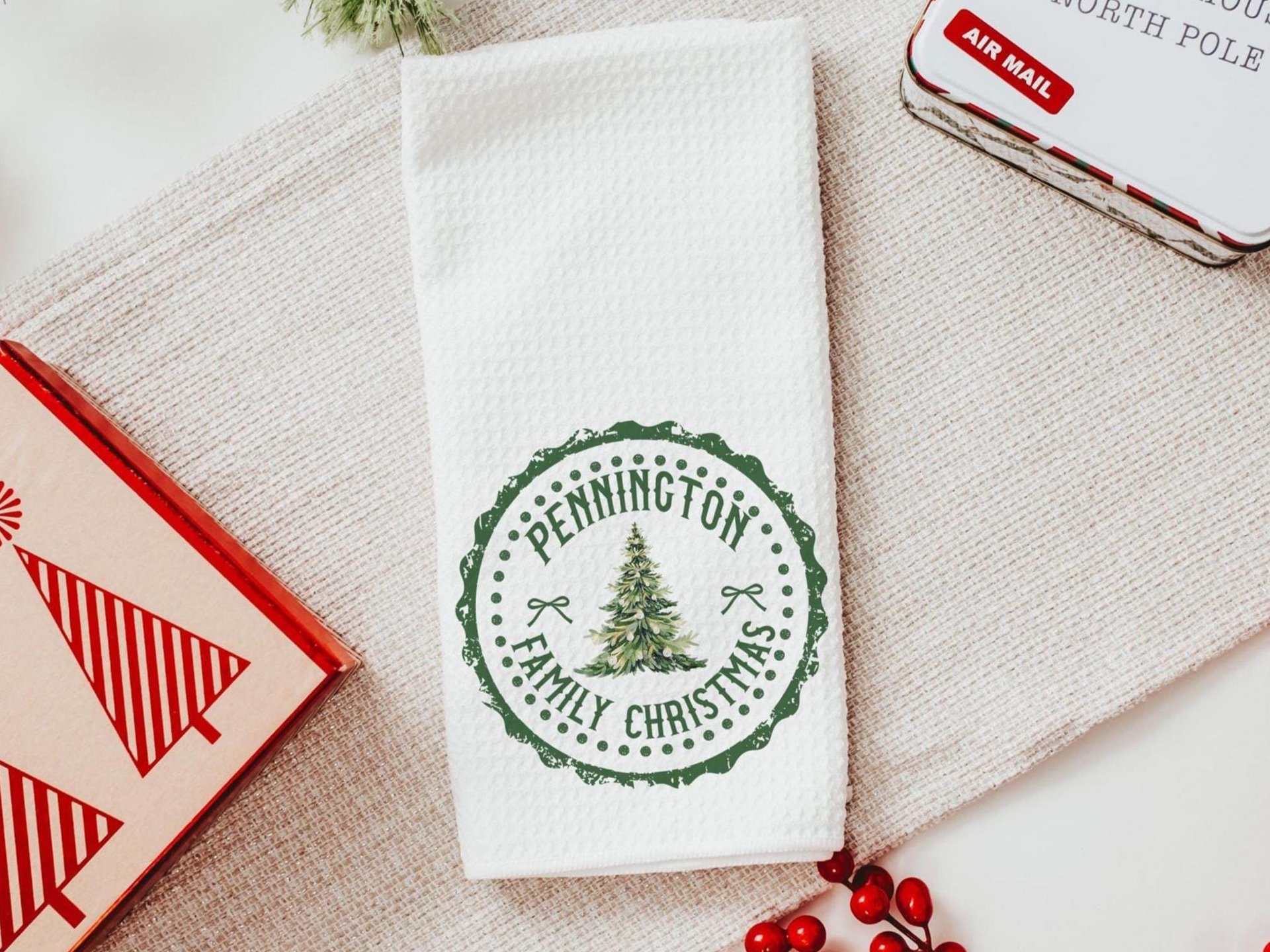 Personalized green stamp family name throw pillow & towel set