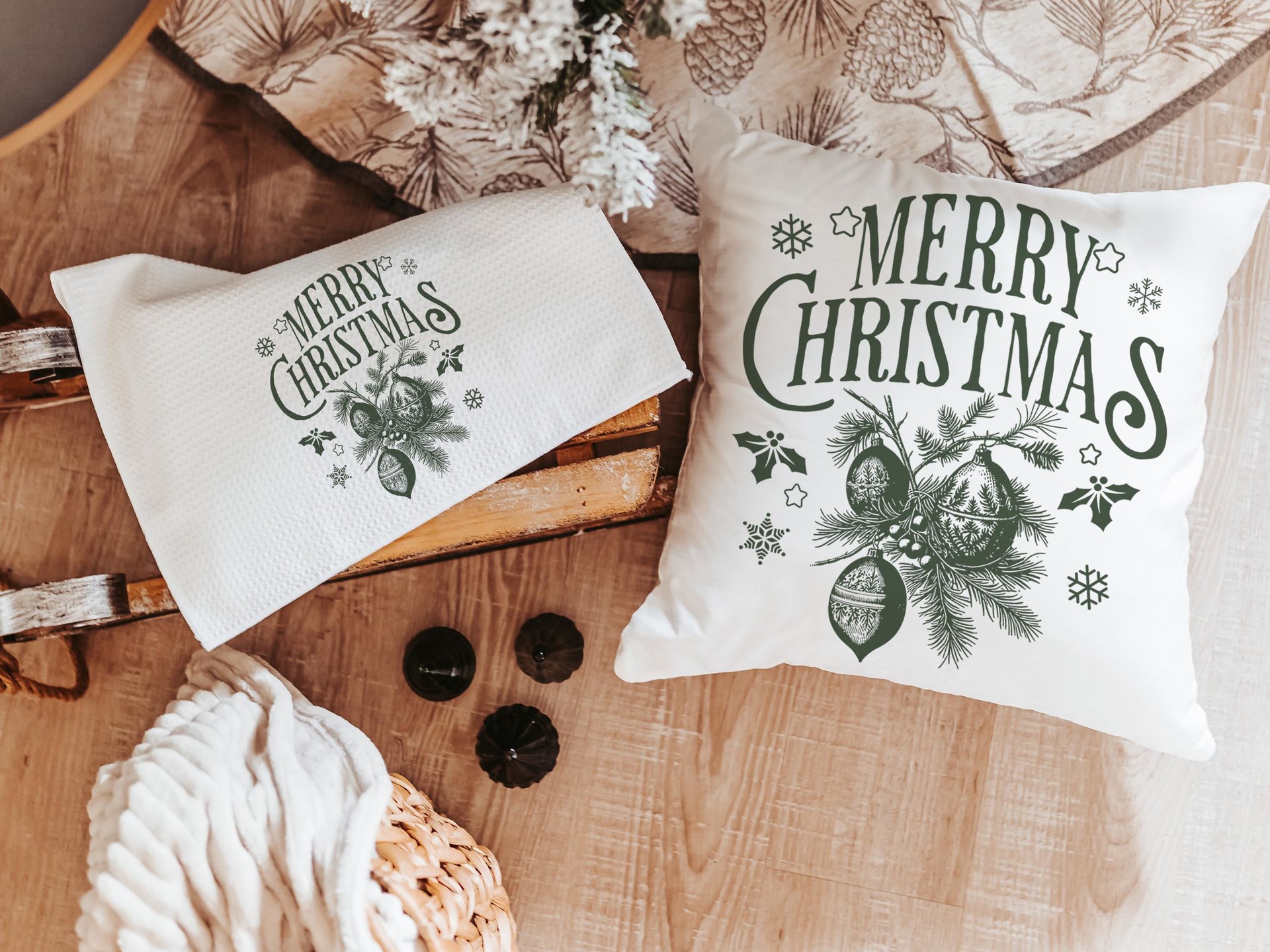 Vintage Merry Christmas throw pillow for sofa, Christmas housewarming gift for couple, farmhouse Christmas kitchen towel, black Christmas