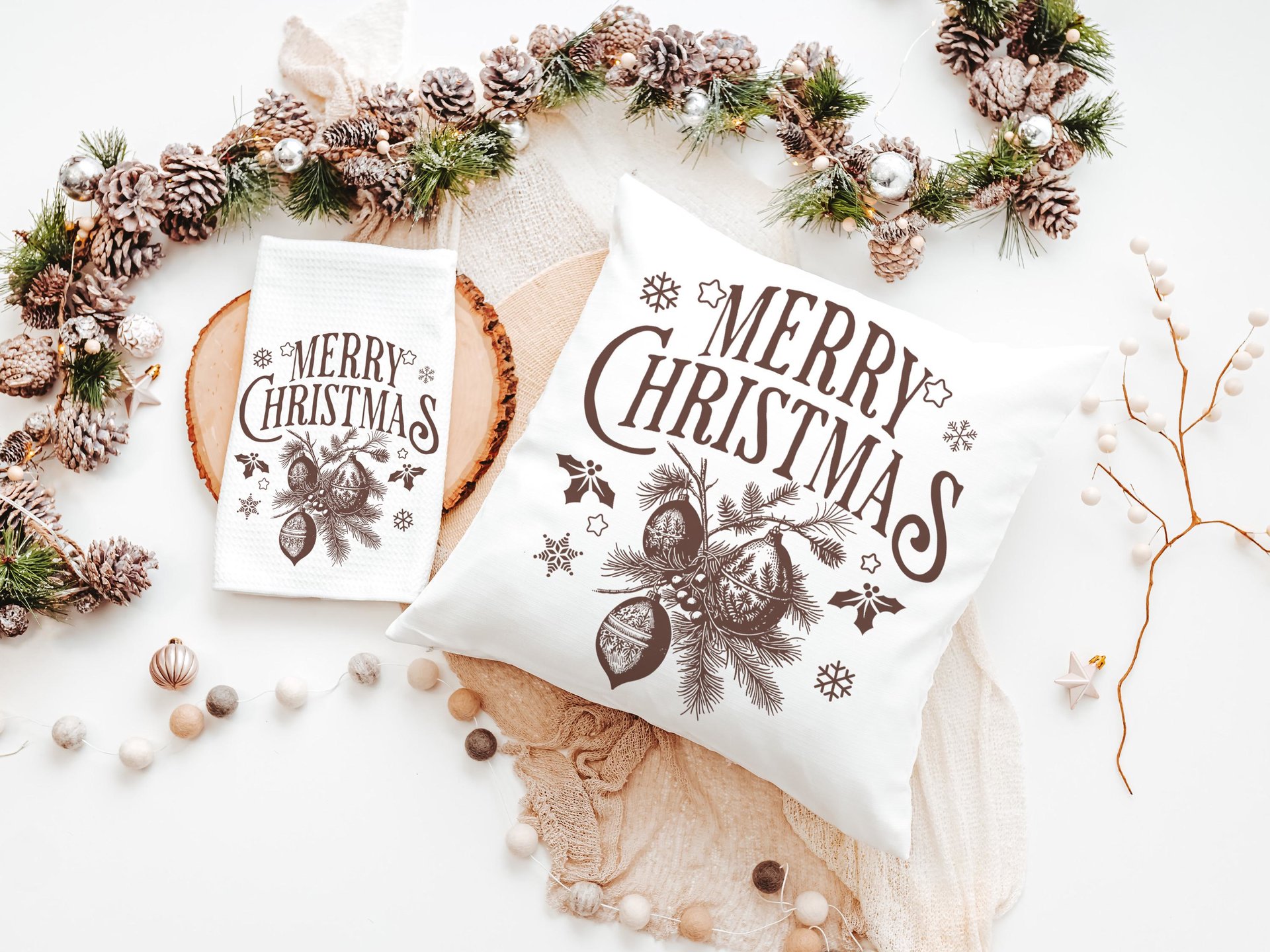 Vintage Merry Christmas throw pillow for sofa, Christmas housewarming gift for couple, farmhouse Christmas kitchen towel, black Christmas