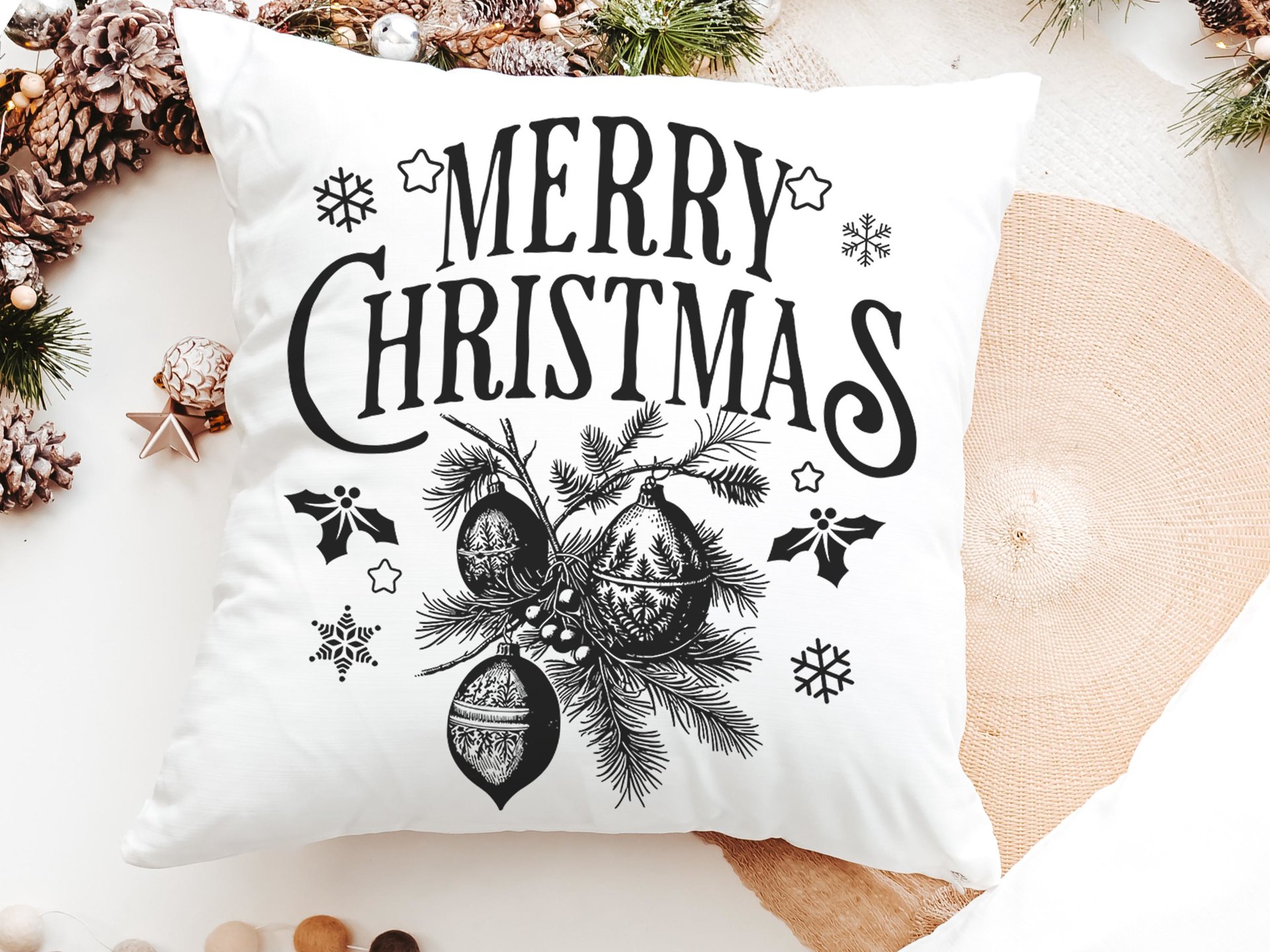 Vintage Merry Christmas throw pillow for sofa, Christmas housewarming gift for couple, farmhouse Christmas kitchen towel, black Christmas