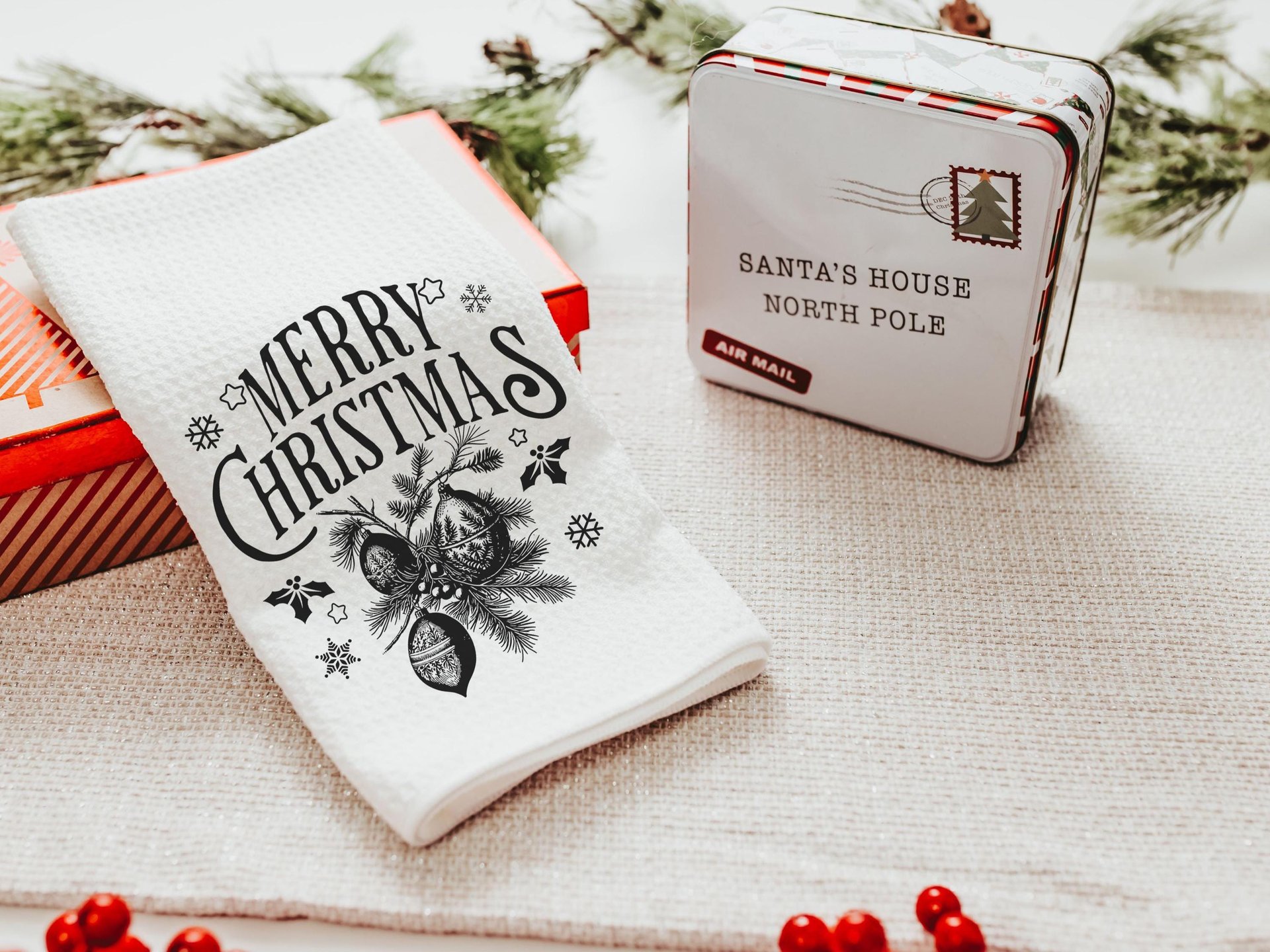 Vintage Merry Christmas throw pillow for sofa, Christmas housewarming gift for couple, farmhouse Christmas kitchen towel, black Christmas