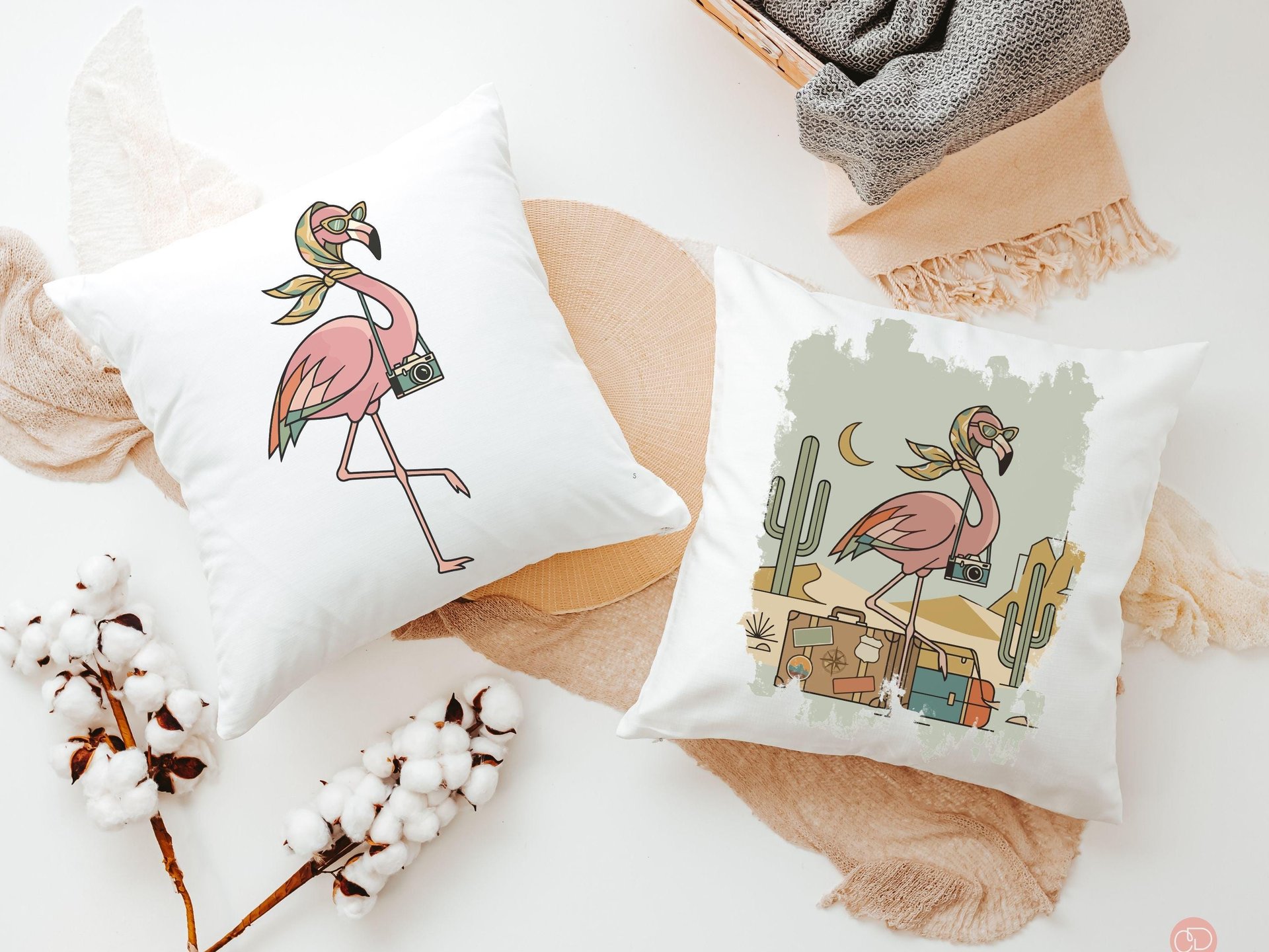 Retro travel boho flamingo throw pillows & towels for vacation home owner