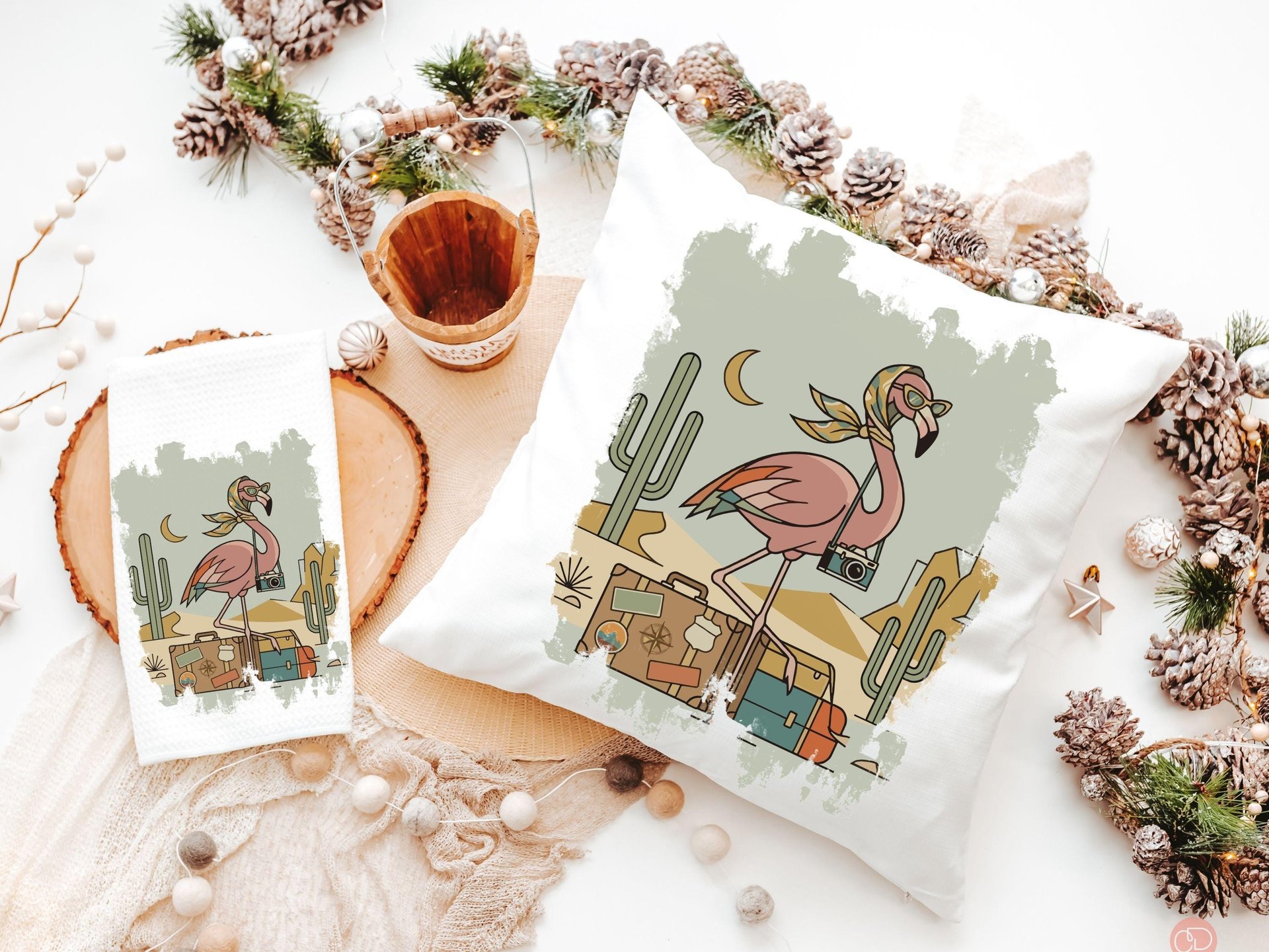 Retro travel boho flamingo throw pillows & towels for vacation home owner