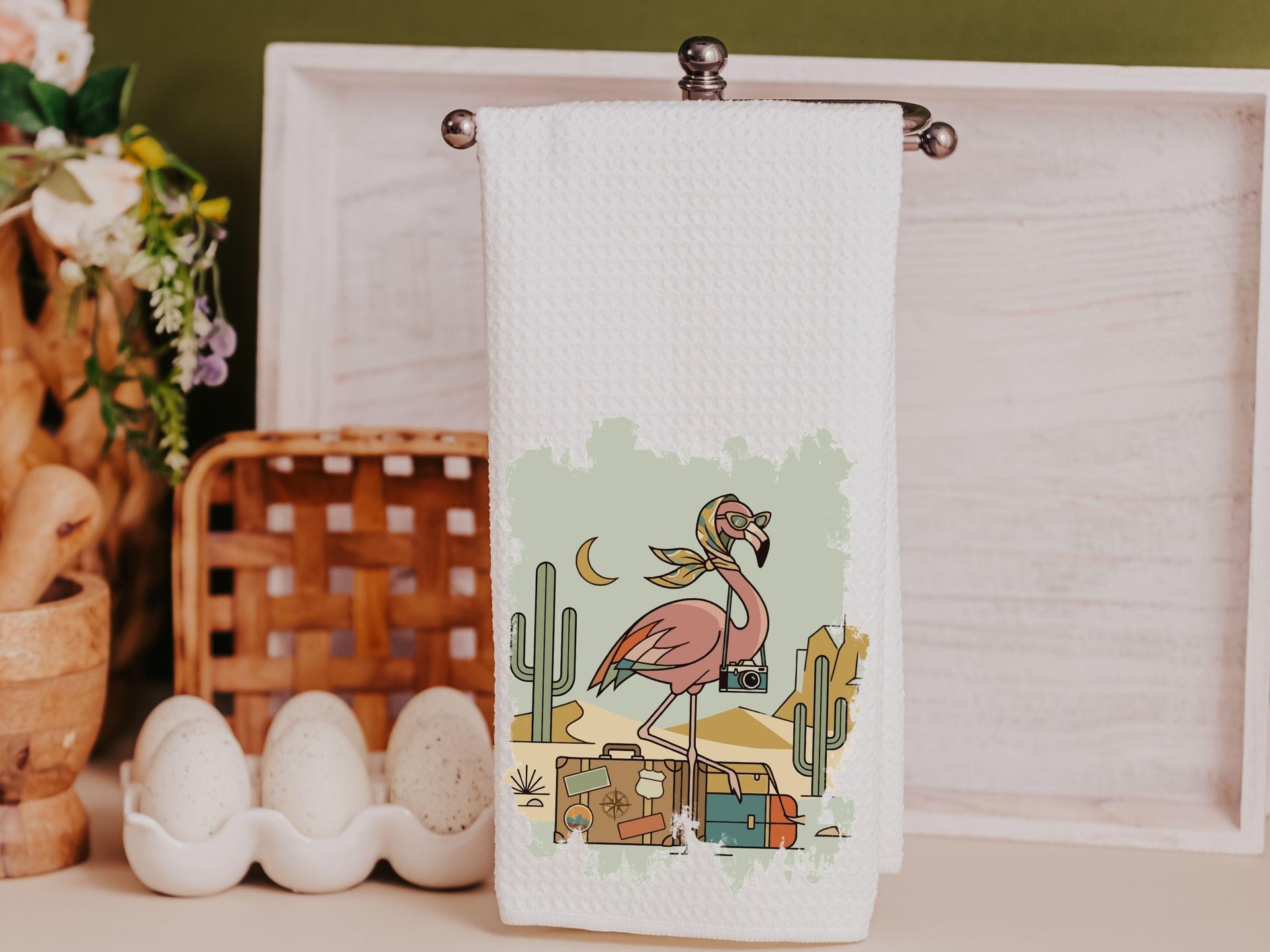 Retro travel boho flamingo throw pillows & towels for vacation home owner