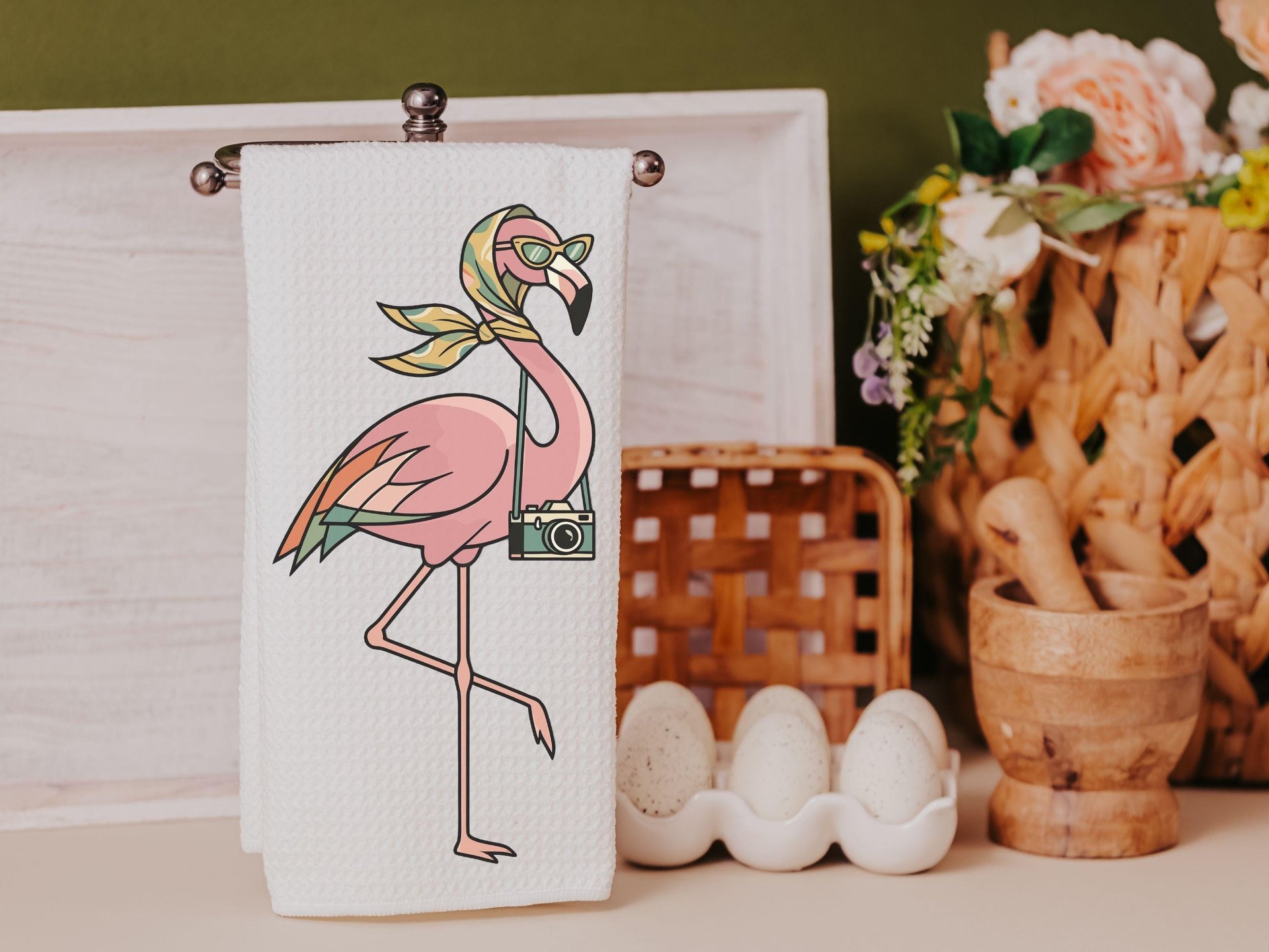 Retro travel boho flamingo throw pillows & towels for vacation home owner