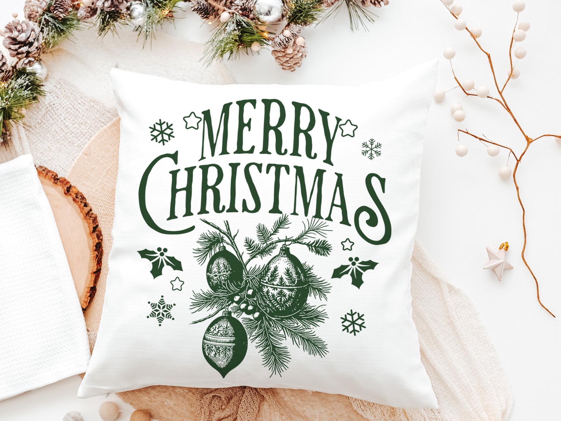 Evergreen Merry Christmas throw pillow & towel gift for couple