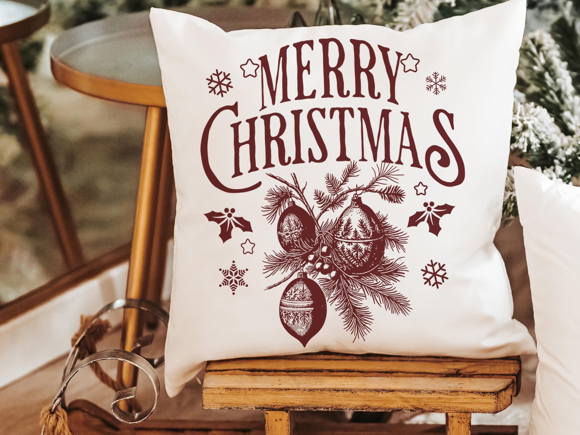 Maroon Merry Christmas throw pillow & towel for couple
