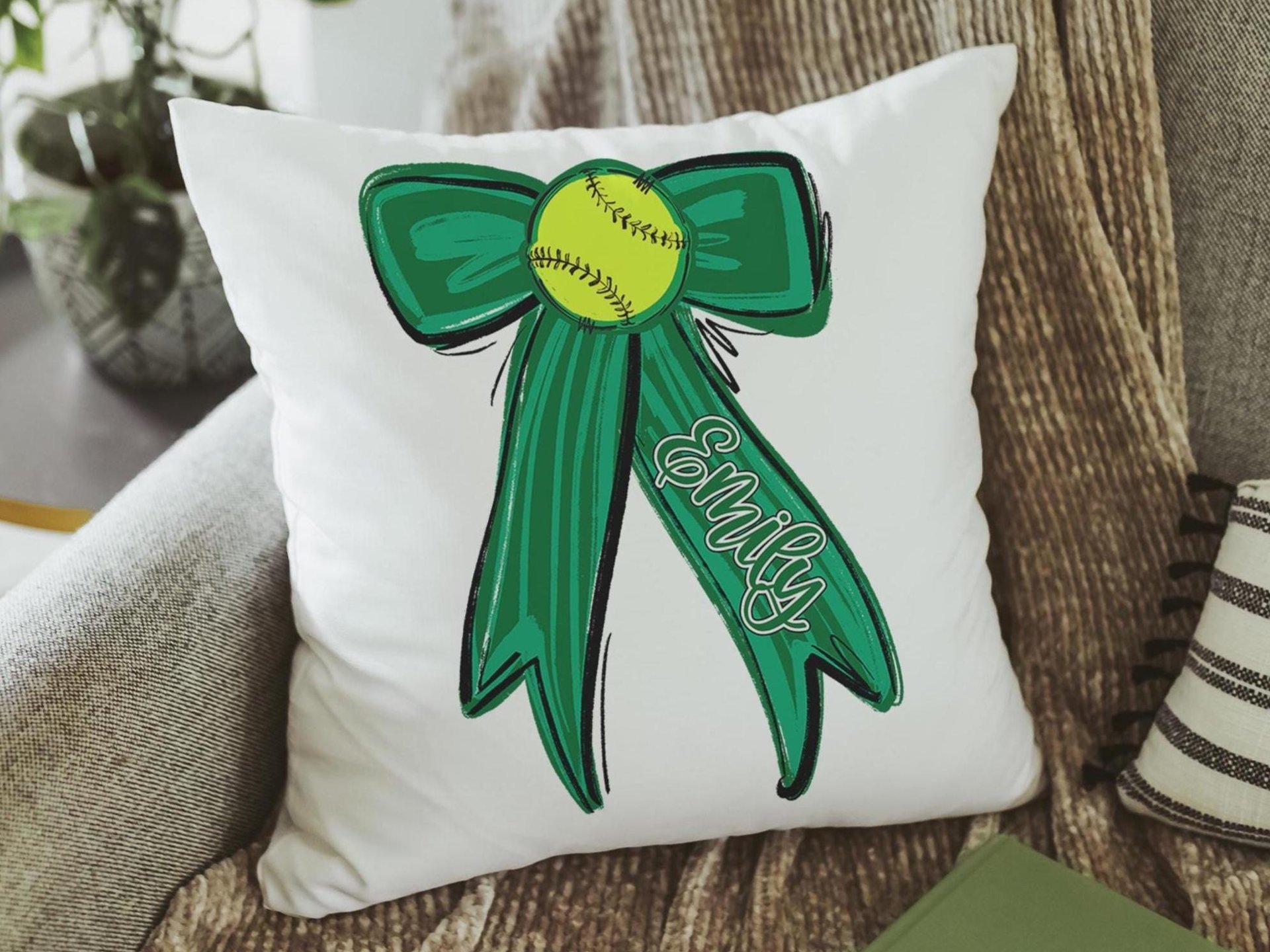 Personalized green school spirit softball pillow for bed