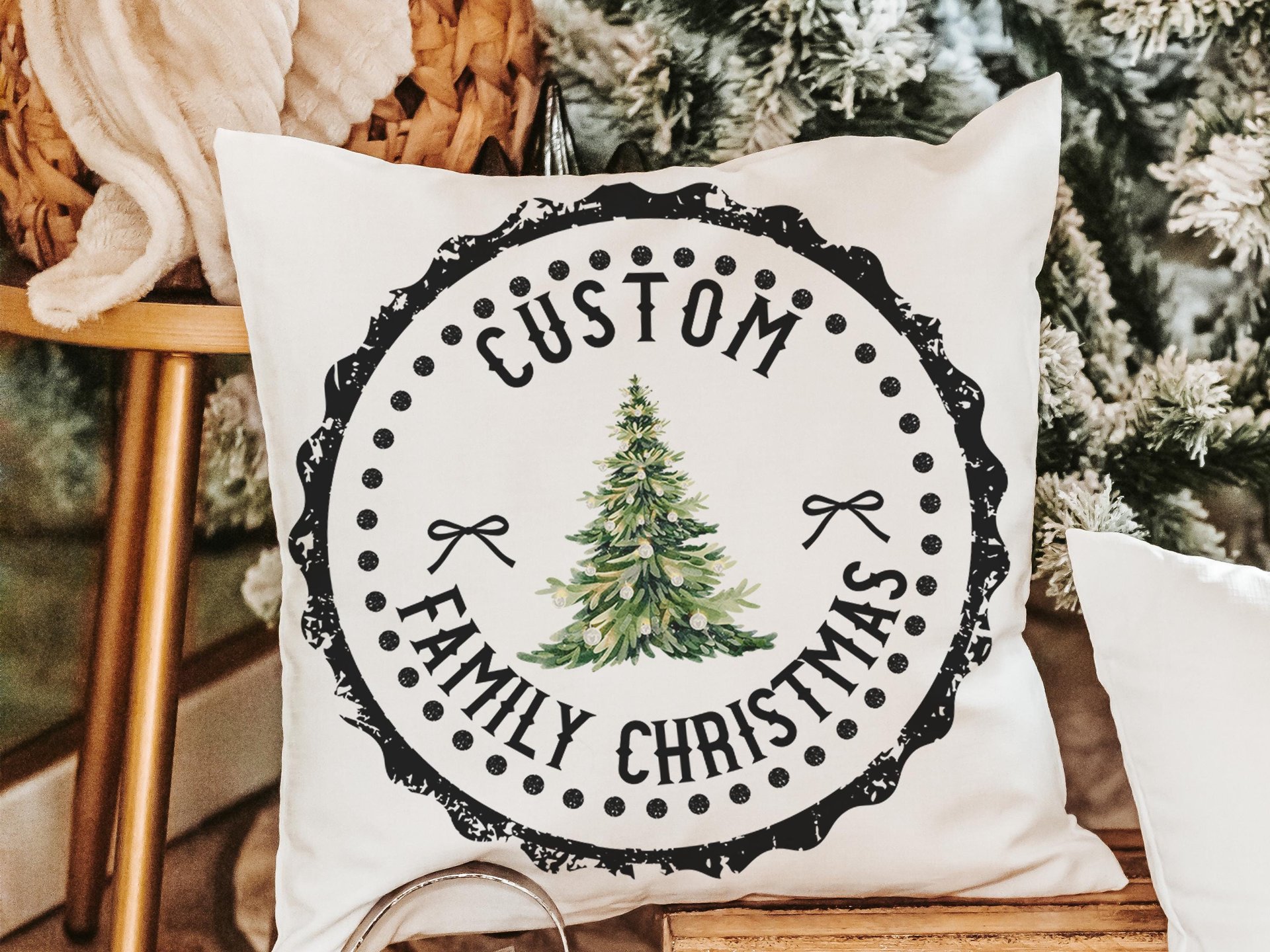 Personalized black stamp family name throw pillow for sofa