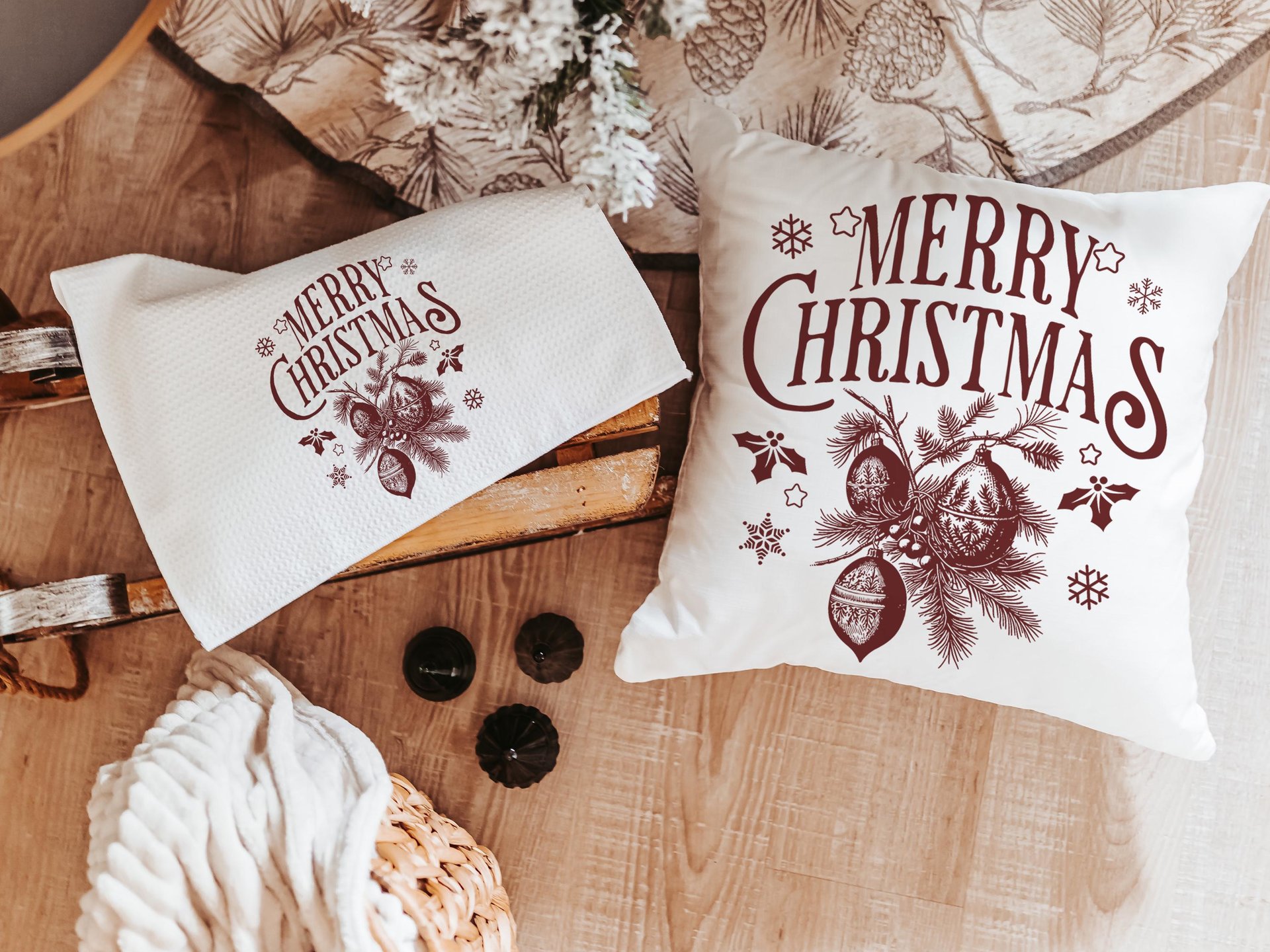 Vintage Merry Christmas throw pillow for sofa, Christmas housewarming gift for couple, farmhouse Christmas kitchen towel, black Christmas