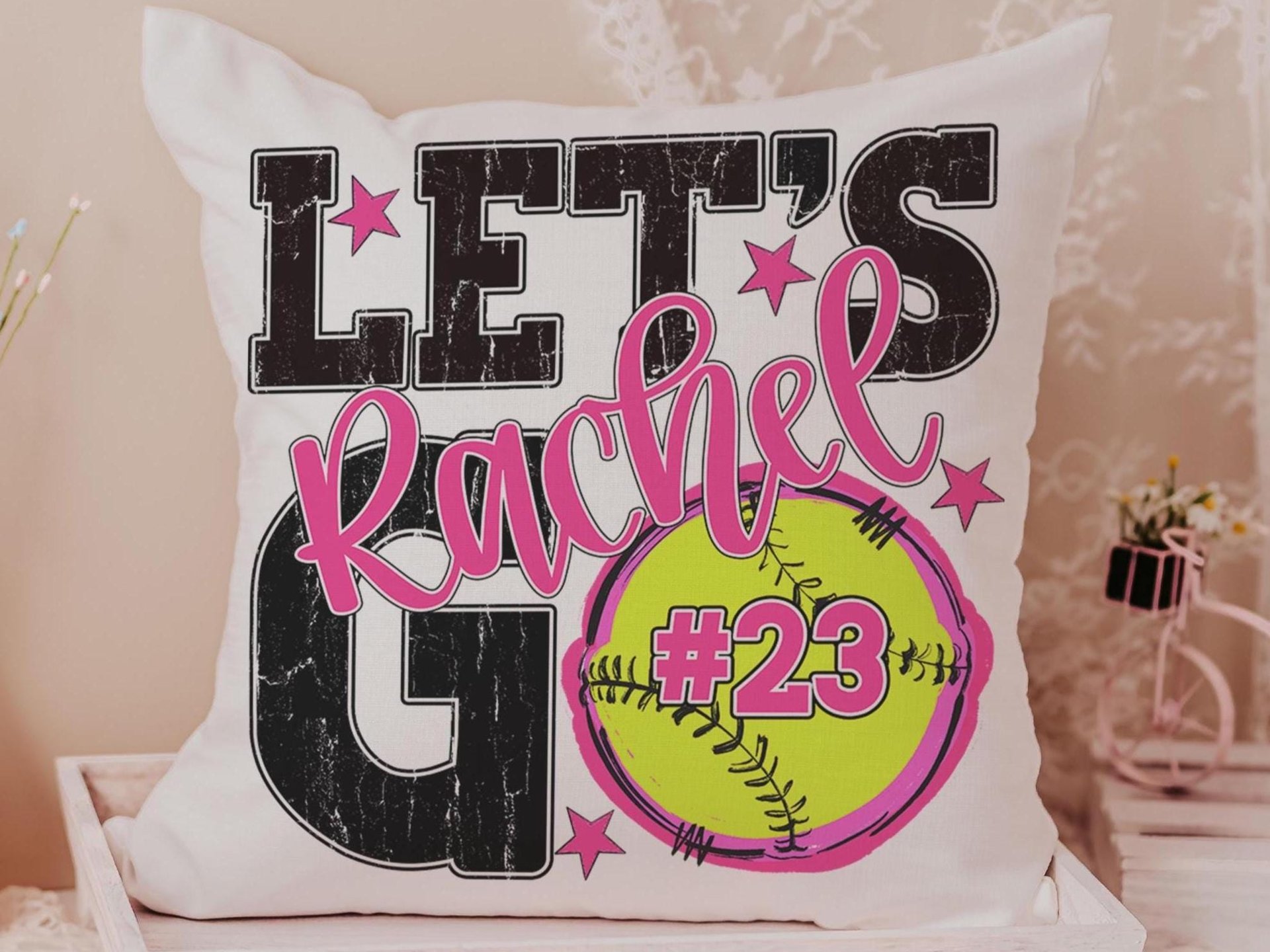 Personalized lets go softball pillow for daughter, navy softball school spirit decor, cute softball gifts for player, team number