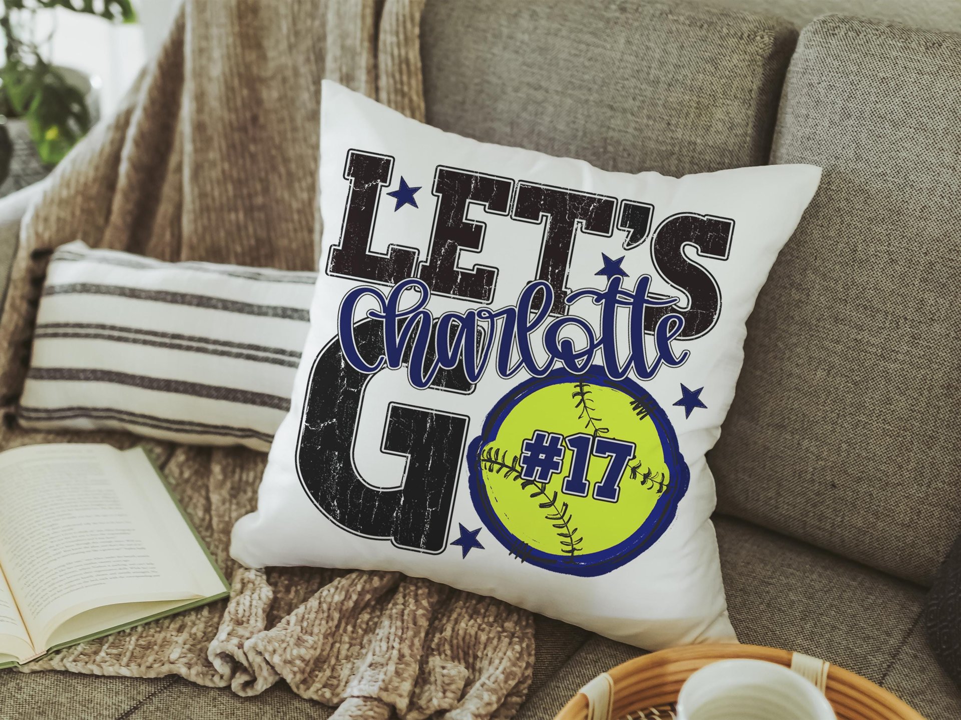 Personalized lets go softball pillow for daughter, pink softball school spirit decor, cute softball gifts for player, team number