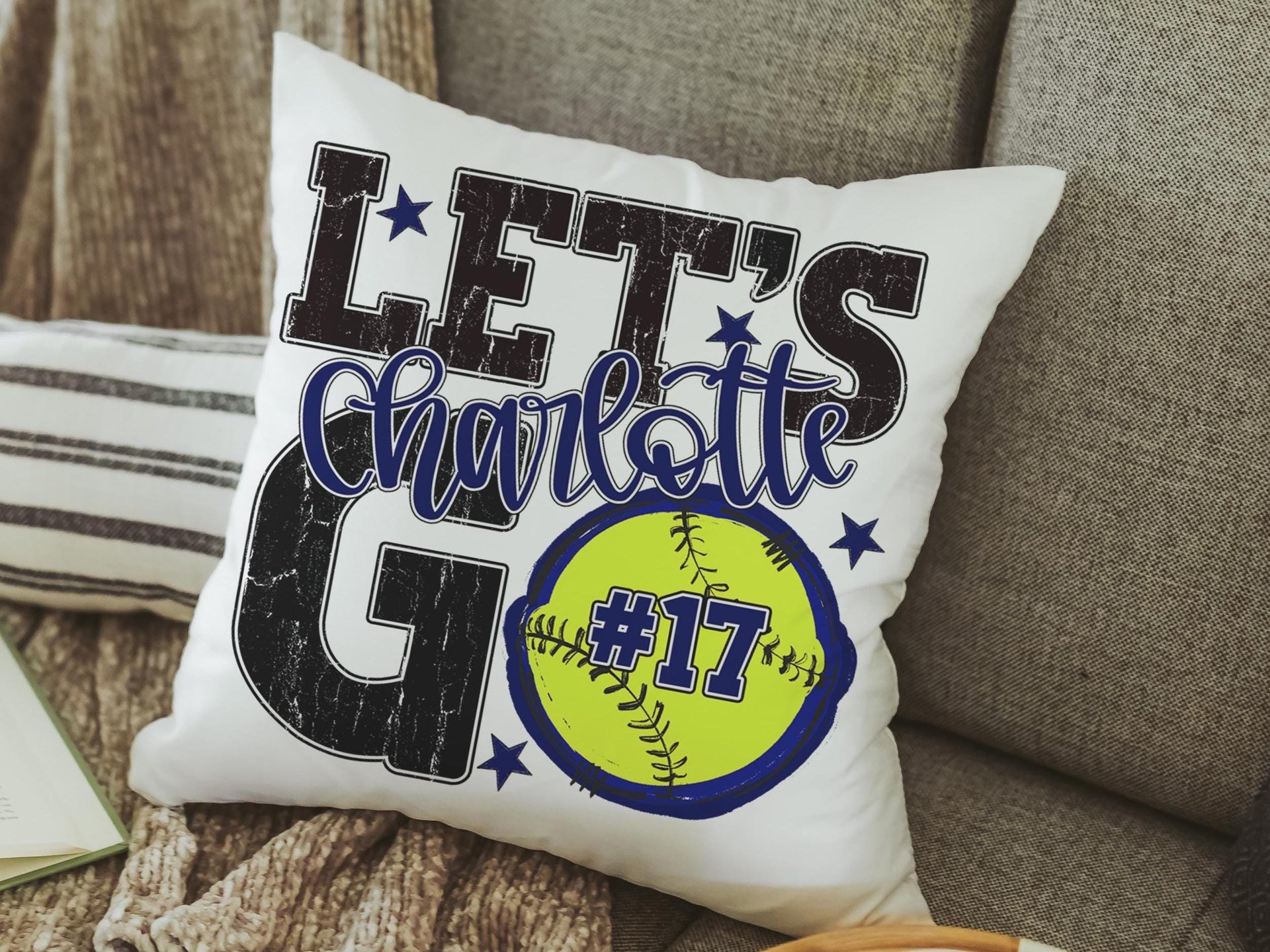 Personalized lets go softball pillow for daughter, navy softball school spirit decor, cute softball gifts for player, team number