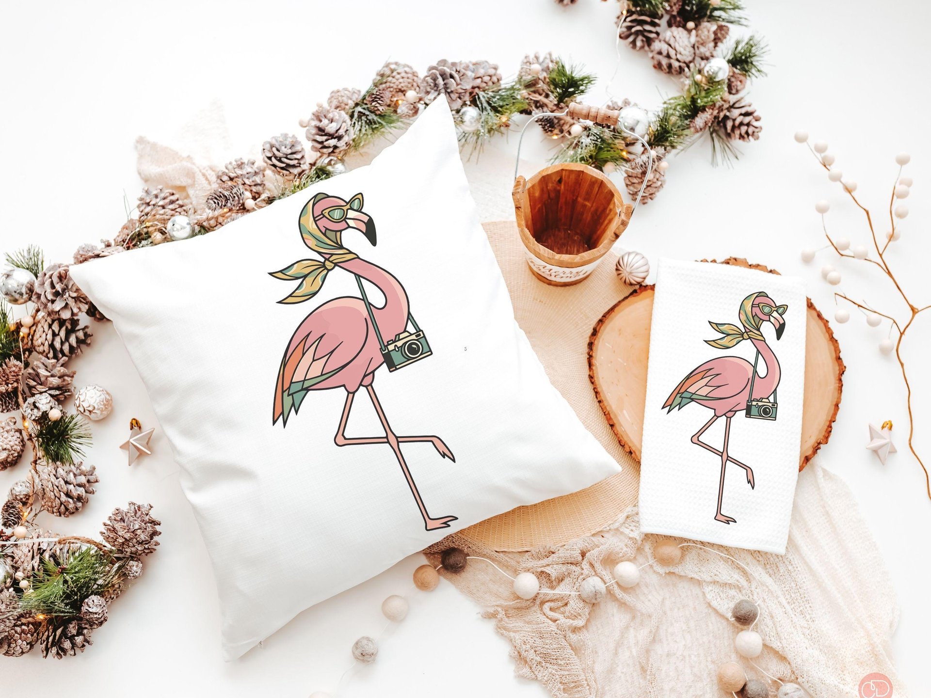 Retro travel boho flamingo throw pillows & towels for vacation home owner