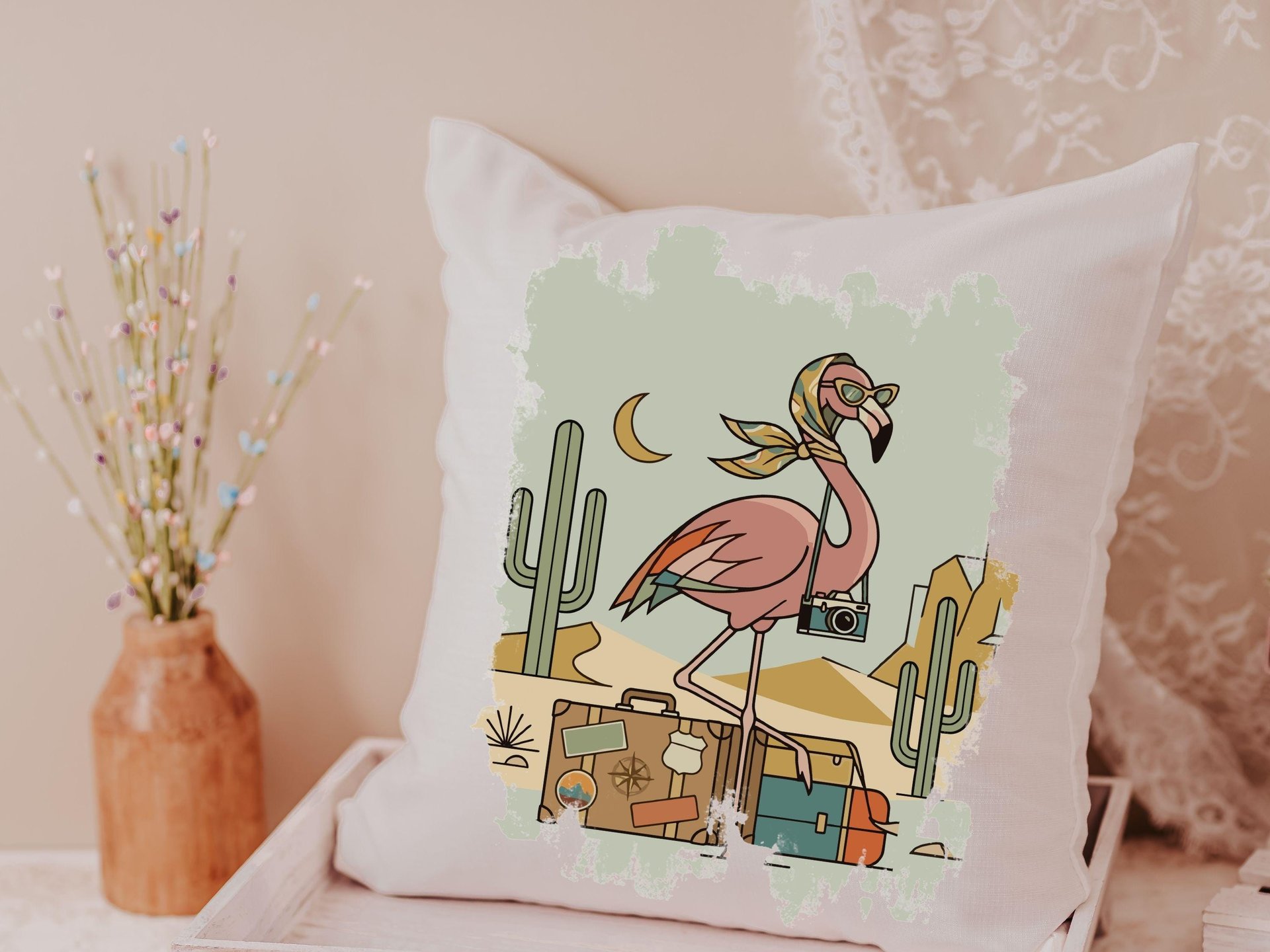 Retro travel boho flamingo throw pillows & towels for vacation home owner