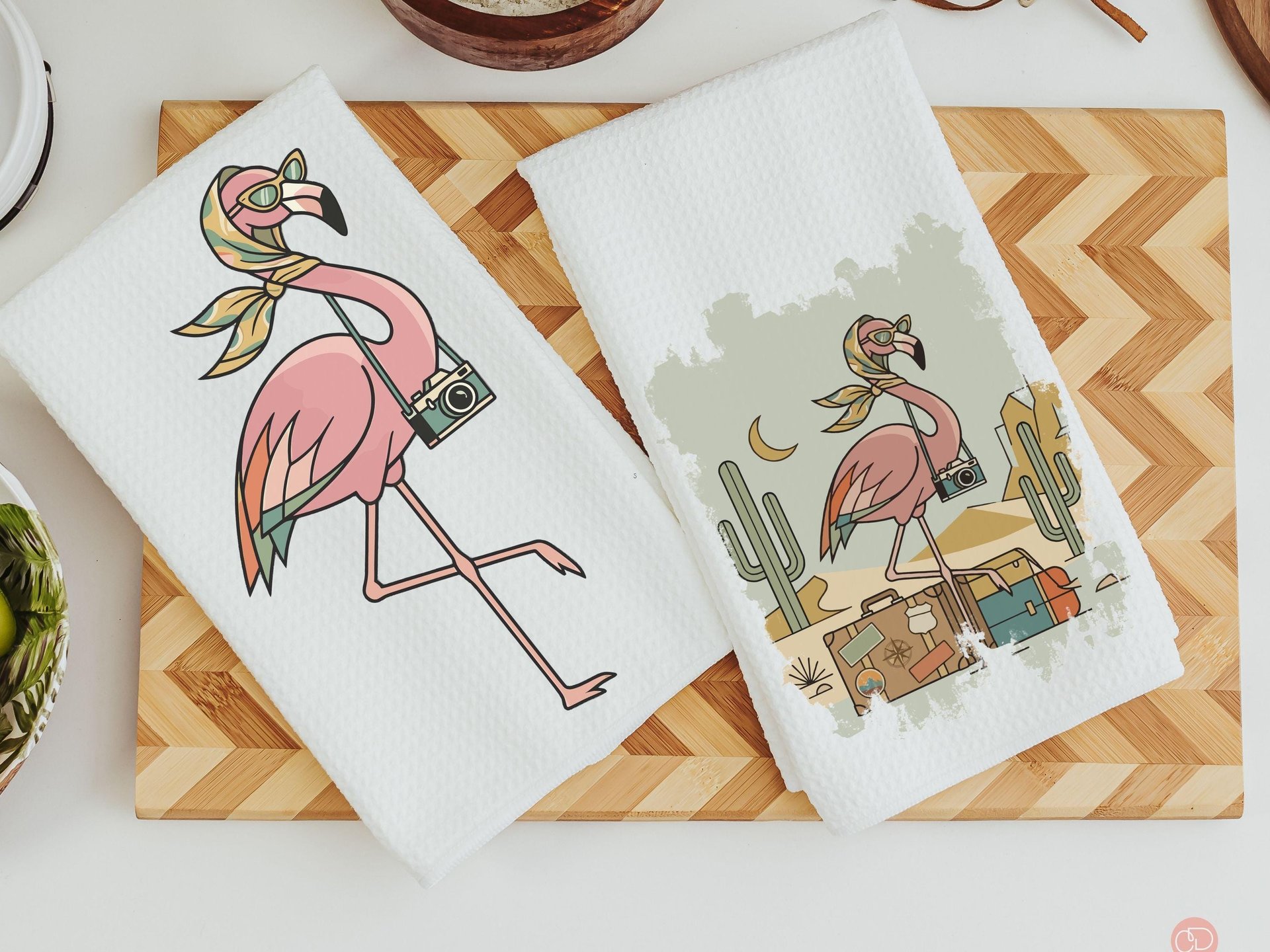 Retro travel boho flamingo throw pillows & towels for vacation home owner