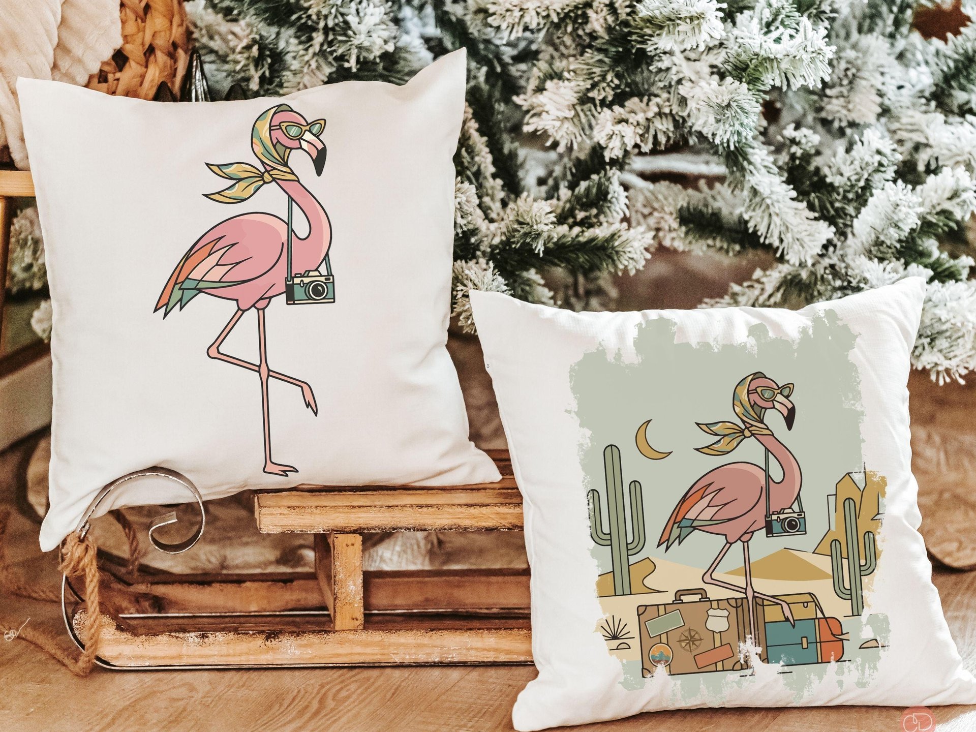 Retro travel boho flamingo throw pillows & towels for vacation home owner