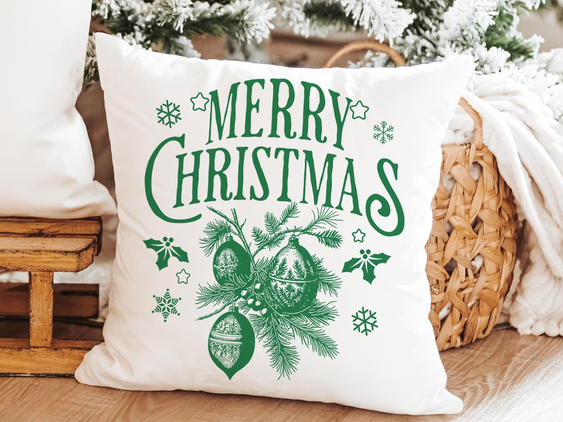 Evergreen Merry Christmas throw pillow & towel gift for couple