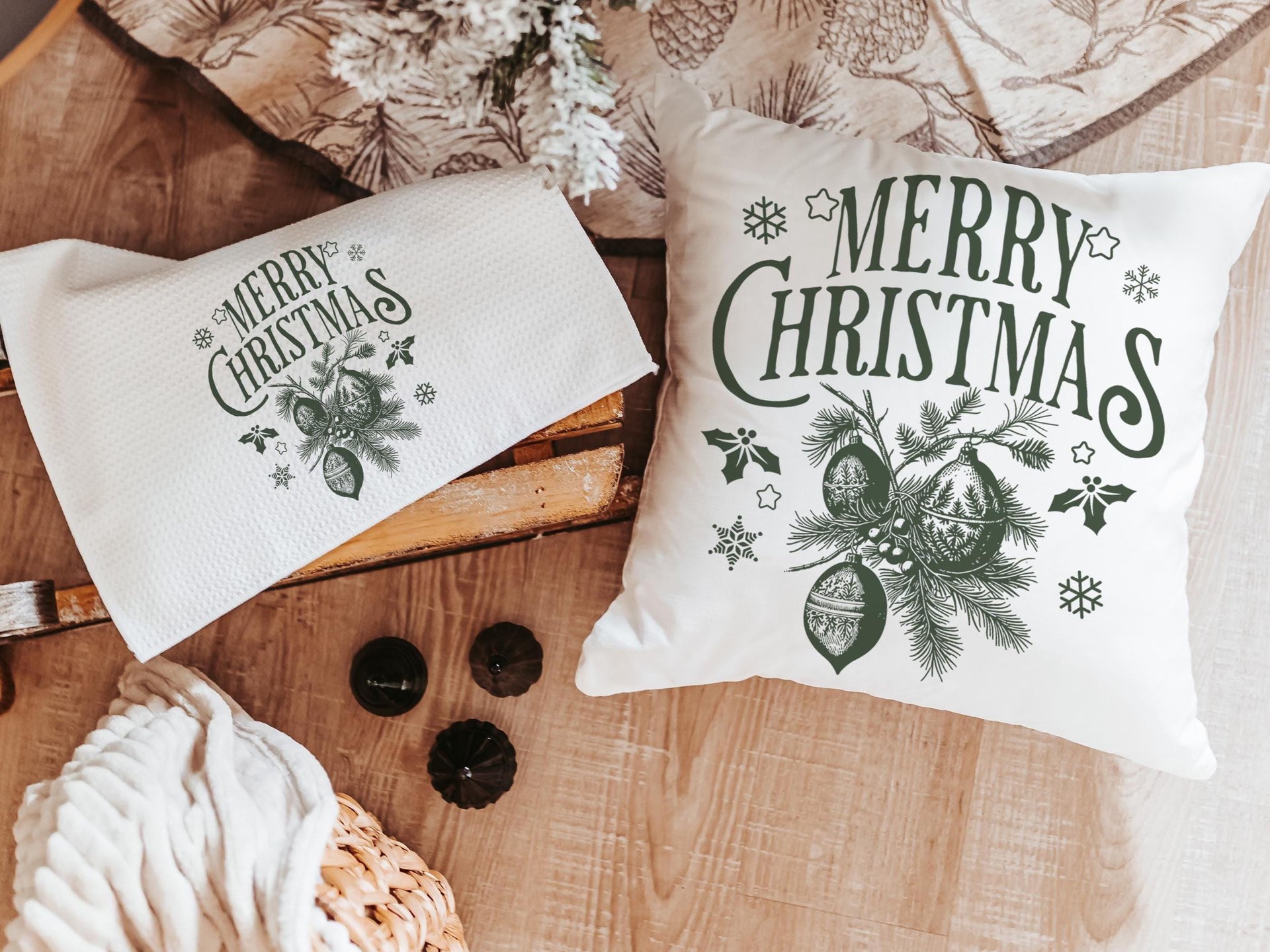 Evergreen Merry Christmas throw pillow & towel gift for couple