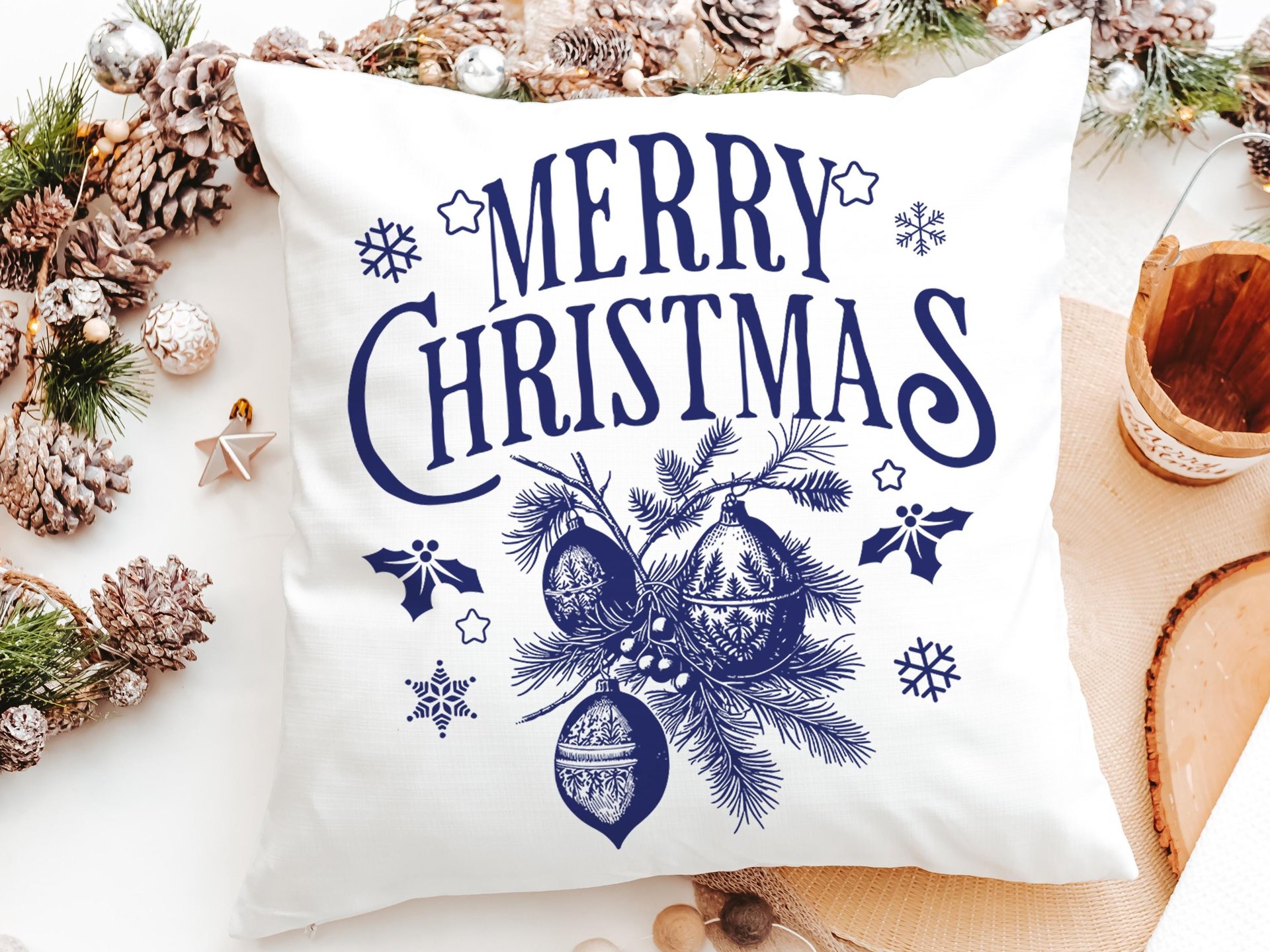 Vintage Merry Christmas throw pillow for sofa, Christmas housewarming gift for couple, farmhouse Christmas kitchen towel, navy Christmas