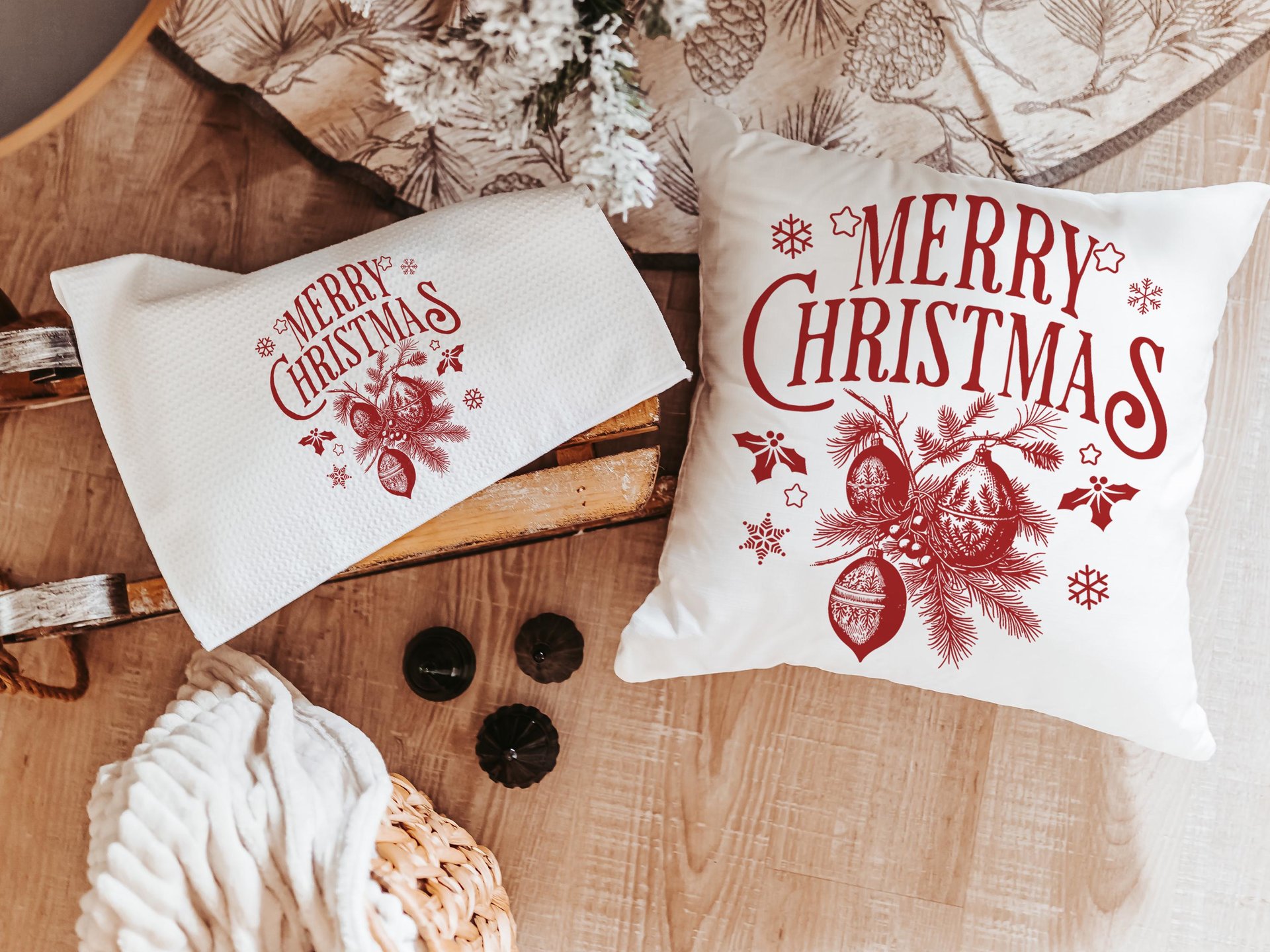 Maroon Merry Christmas throw pillow & towel for couple