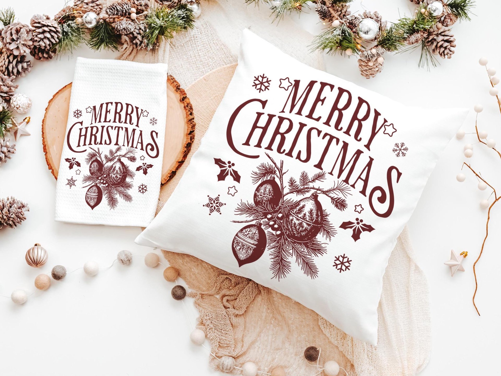 Maroon Merry Christmas throw pillow & towel for couple