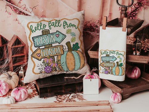 CapableByDesign Personalized hello fall from your city and state pillows and matching towels