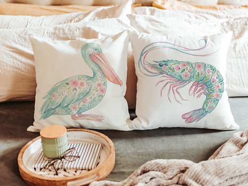 CapableByDesign floral pelican and floral shrimp throw pillows and matching towels