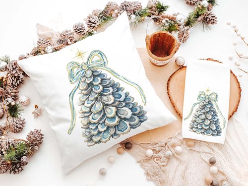 CapableByDesign oyster shell Christmas tree pillows and matching towels