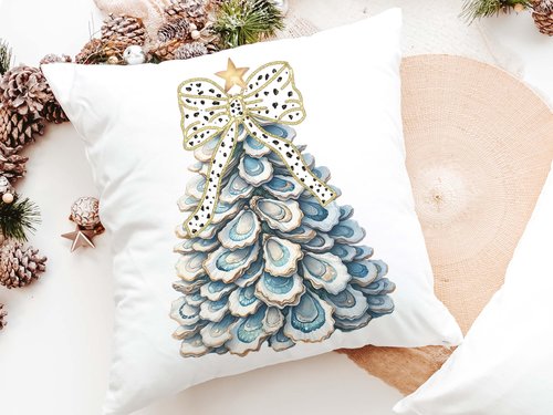 CapableByDesign oyster shell Christmas tree with polka dot bow pillows and matching towels