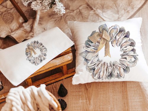 CapableByDesign boho oyster shell throw pillows and matching towels
