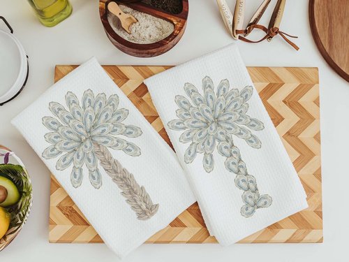 CapableByDesign oyster palmetto tree throw pillows and matching towels