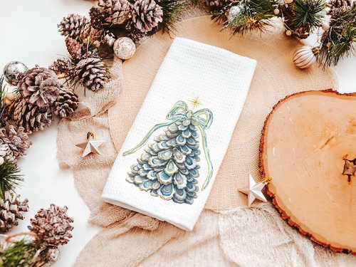 CapableByDesign oyster shell Christmas tree pillows and matching towels