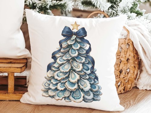 CapableByDesign oyster shell Christmas tree with navy bow pillows and matching towels