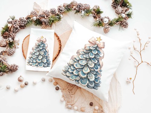 CapableByDesign oyster shell Christmas tree with pink bow pillows and matching towels