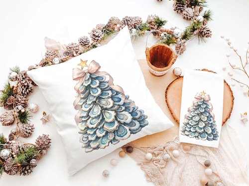 CapableByDesign oyster shell Christmas tree with pink bow pillows and matching towels