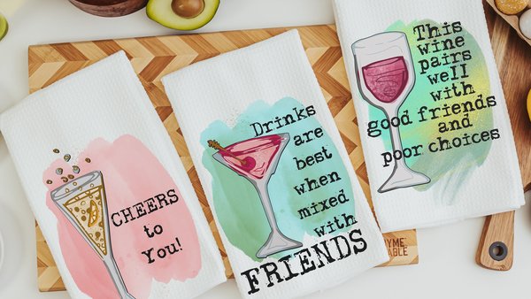 this wine pairs well with, wine kitchen towels, cheers to you champagne dish towels, new apartment gift for her, cocktail gifts for women