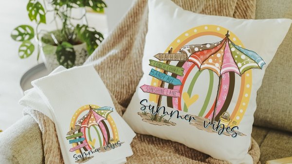 summer vibes throw pillows for couch, beach house decor for kitchen, summer decor for home, beachy rainbow kitchen hand towels, 70s inspired