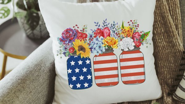 American flag mason jar red white and blue throw pillow covers for chair, 4th of July floral throw pillows for bench, patriotic decor for