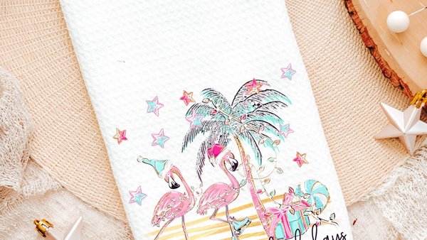 fa la la Christmas kitchen towel holiday kitchen tea towels for Christmas, flamingo Christmas hand towels beach Christmas gifts for neighbor