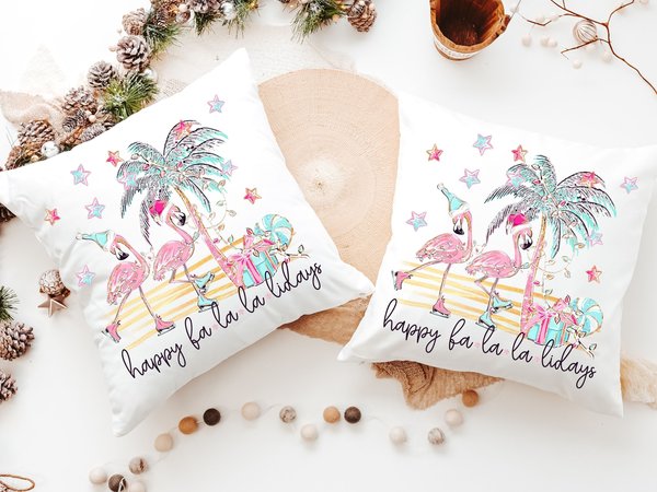 flamingo Christmas fa la la Christmas throw pillows for women, coastal Christmas gifts for beach lovers, beach Christmas decor for home