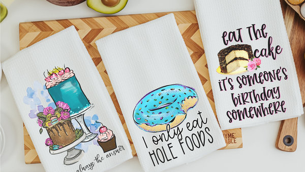 hole food donut kitchen decor, baking gifts for her, eat the cake kitchen towels, baker gifts for women, baking bridal shower kitchen gifts