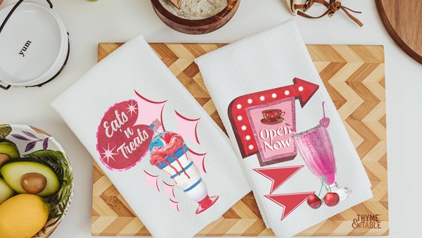 1950s inspired retro kitchen towels for mom, 50s diner decor, cute dish towels for drying dishes, sock hop decor, trendy Mothers day gifts