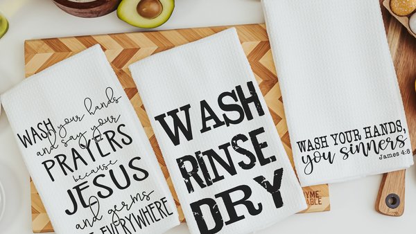 wash your hands and say your prayers funny bathroom hand towels, powder room decor, Christian humor James 4 8 Bible verse gifts for women