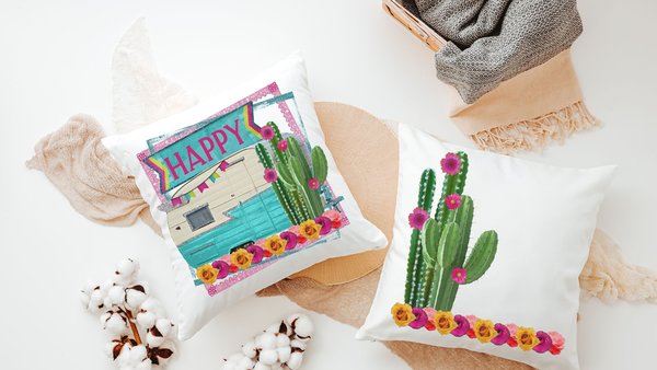 happy camper throw pillow for couch, boho camper decor, glamping gifts, floral cactus decor, RV accessories for inside, van life gifts, best